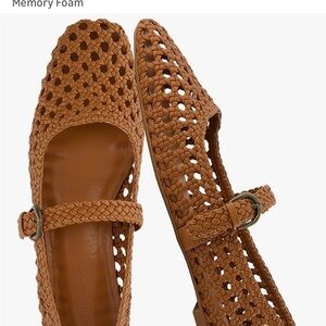 Cushionare Tan Woven Flats with Strap - Mary Jane